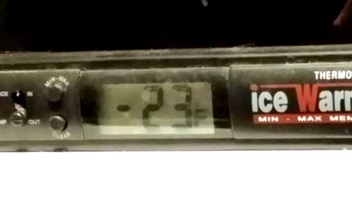Digital thermometer shows a reading of -25 degrees Fahrenheit
