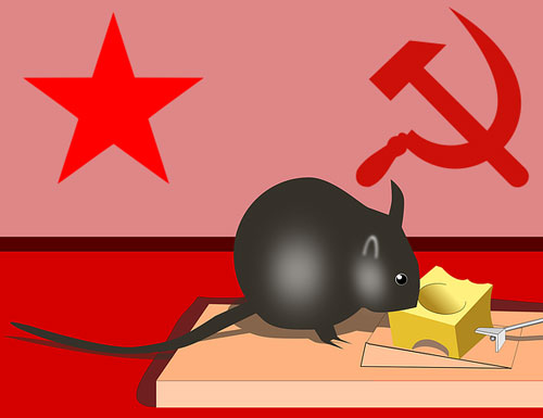 mouse eats cheese from a mousetrap - red star, hammer & sickle on wall