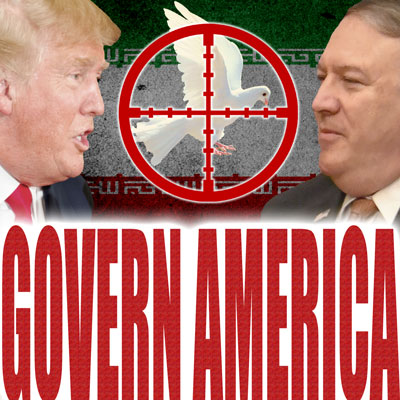 Donald Trump, Mike Pompeo, and a dove in the crosshairs with the Iran flag in the background.