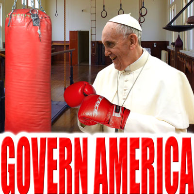 The pope, in a gym, wearing boxing gloves, facing a punching bag.