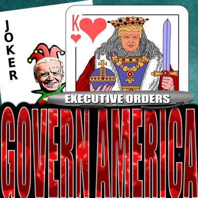 Trump is portrayed as the king of hearts on a playing card, while in front of him is a pen marked "executive orders". Meanwhile, Joe Biden is portrayed as Joker.