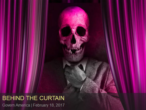 behind the curtain (suited man with skull for a head behind a curtain)