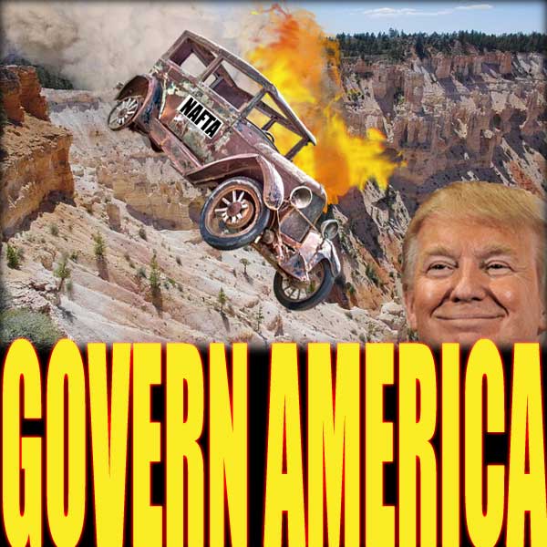 Antique car with NAFTA on the door rolls over a cliff as smoke and flames shoot out of it. Trump watches with a smile on his face.