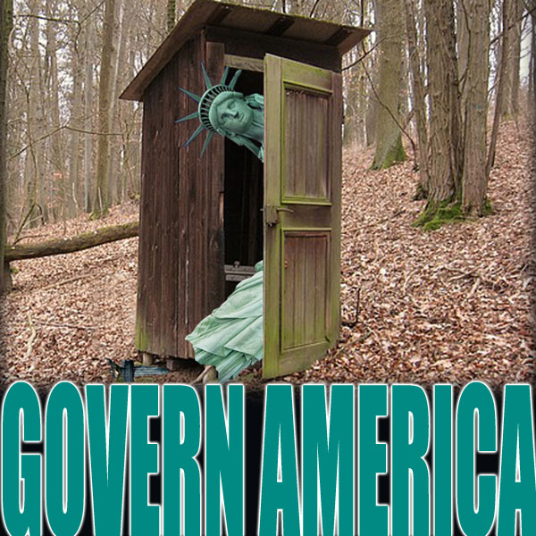 Lady liberty peers out of an outhouse.