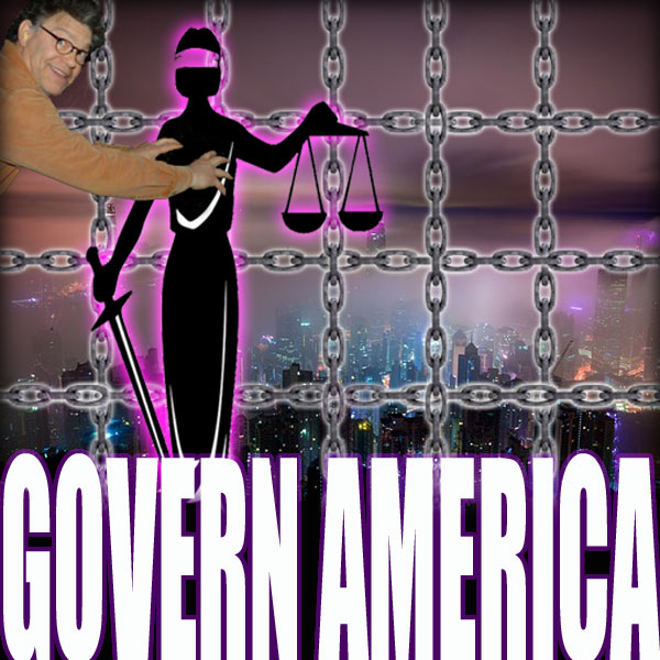 Al Franken gropes a silhouette of the statue holding the scales of justice and sword. Behind them, are a matrix of chains in front of a large city.