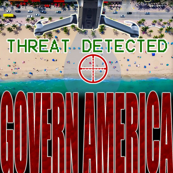 Drone hovers above a beach, scanning people, the words "threat detected" appear above crosshairs