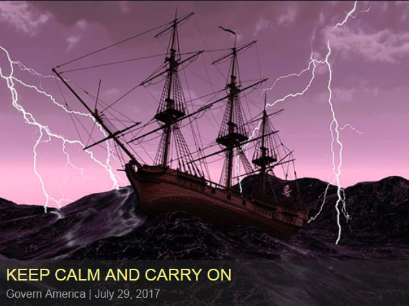 Keep Calm and Carry On: A ship sales on stormy seas as lightning flashes in the sky.