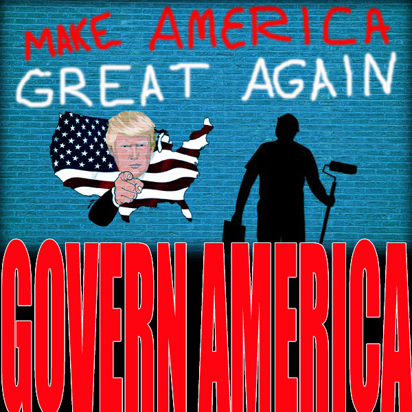 Blue brick wall with "make America great again" painted on it by a silhouette painter.