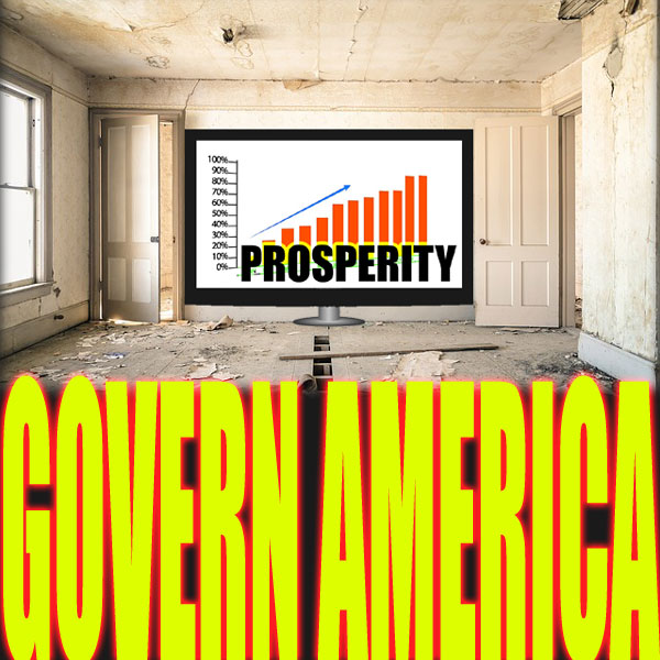 Dilapidated living room with TV that shows chart with upward trend, and the word "prosperity".