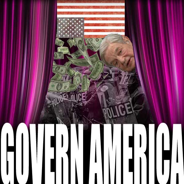Soros, with his money, peaks out from behind a purple curtain as riot police fight in front of an upside down U.S. distress flag.