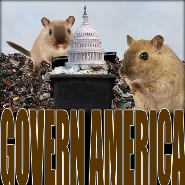 Capitol building in a garbage dump with large rodents around it.