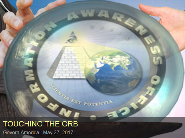 Touching the Orb (An orb with the Total Information Awareness logo inside being touched by hands)