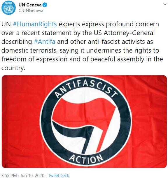 UN Geneva tweet supporting Antifa.