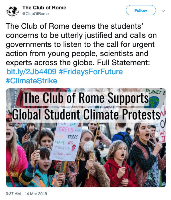 Screen shot of a tweet from the Club of Rome Twitter account.