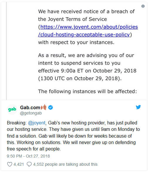 Gab tweet: "Breaking: @joyent, Gab’s new hosting provider, has just pulled our hosting service. They have given us until 9am on Monday to find a solution. Gab will likely be down for weeks because of this. Working on solutions. We will never give up on defending free speech for all people."