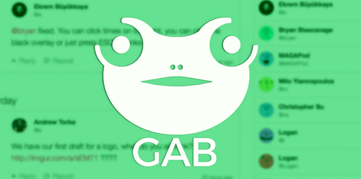 An image showing the Gab logo superimposed over a screenshot of the now-banned social media platform.