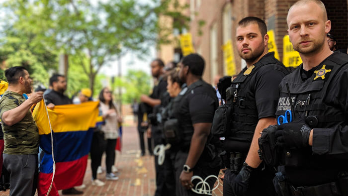 Police and protesters at the Venezuelan embassy in Washington D.C.