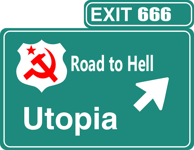 Road sign pointing to Exit 666 "Utopia"
