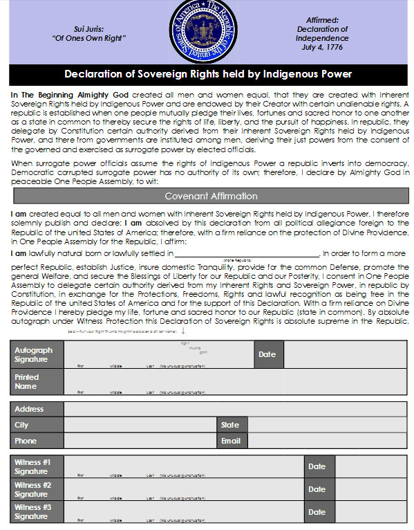 Republic of the united States of America's Declaration of Sovereign Rights Held by Indigenous Power