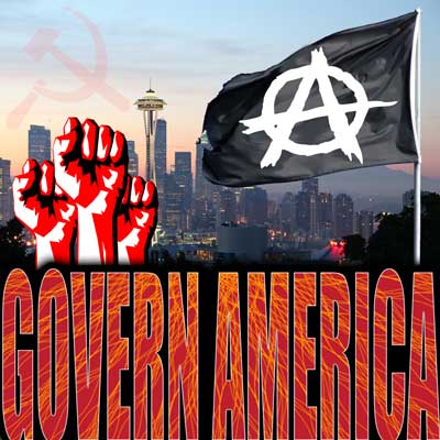 Seattle skyline with fists in the air, and the anarchist flag flying in the foreground. The communist hammer and sickle is seen faintly on the horizon.