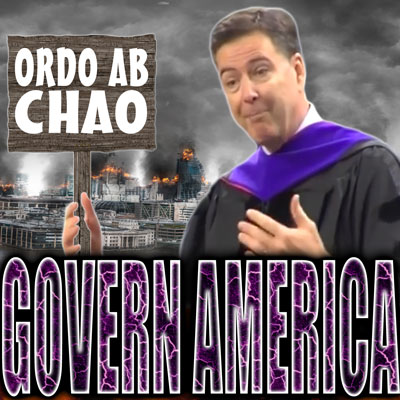 James Comey in front of a burning city, holding a sign saying "Ordo Ab Chao".