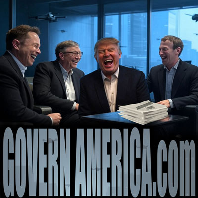 The image shows a digitally manipulated scene featuring Elon Musk, Bill Gates, Donald Trump, and Mark Zuckerberg sitting around a small table and laughing. On the table is a stack of papers with illegible text, but at the top of the document is the word, Technocracy. The backdrop includes a modern interior with large windows, hinting at a corporate or government setting. Hovering outside the windows are drone-like aircraft.  Below the image, the text "GOVERN AMERICA.COM" is displayed in large, gray, bold letters. Within the letters, faintly visible, are more drones.