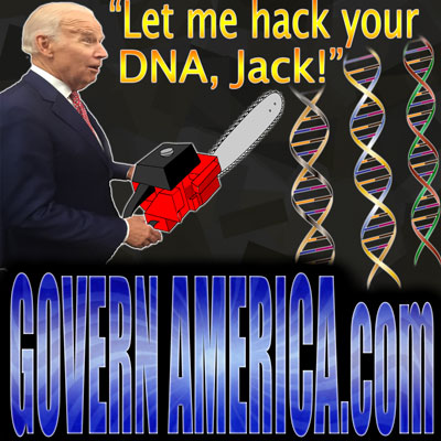 Joe Biden takes a chain saw to hack DNA strands. The caption reads, "Let me hack your DNA, Jack!"