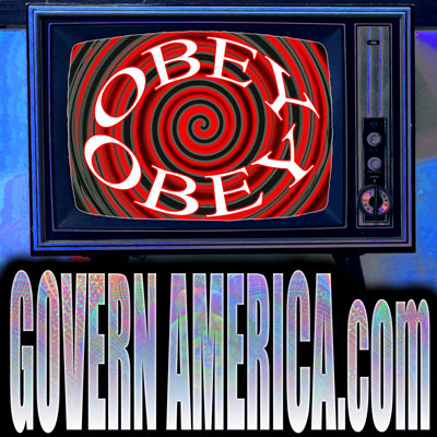 Spiral on a TV with the words "obey" swirling around