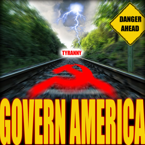 Train tracks with a hammer and sickle and a sign on the right saying "danger ahead". A bolt of lightning appears at the end of the tracks, striking the word "tyranny".