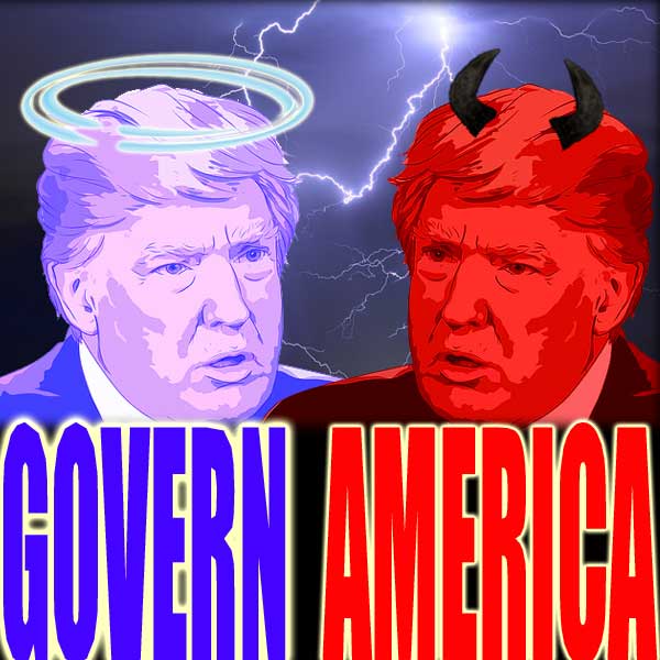 Blue Trump with halo, Red Trump with horns