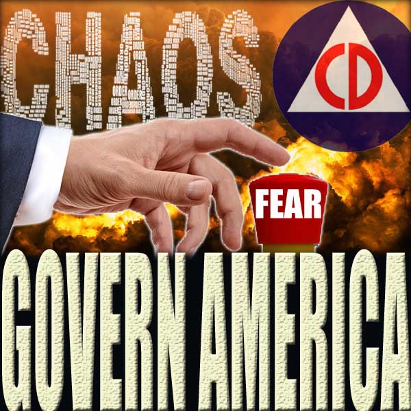 Chaos spelled out of "order", a finger pushes a button labeled "fear", civil defense logo