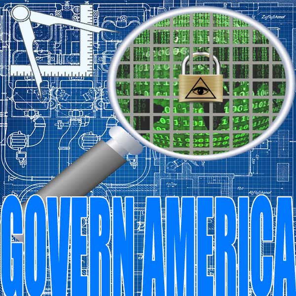 blueprints with a masonic square and compass in one corner and a magnifying glass reveals a matrix-like control grid